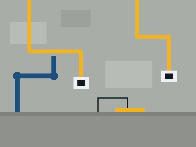 Ilustración de instalaciones eléctricas e hidráulicas en un muro de obra gris